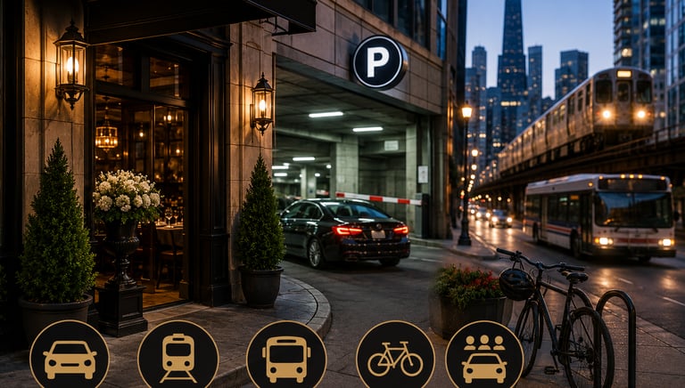 Night city street with luxury restaurant entrance, parking garage, train, bus, and bicycle icons.