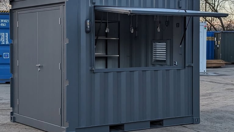 Custom grey shipping container kiosk with a large flip-up serving window for outdoor retail use.