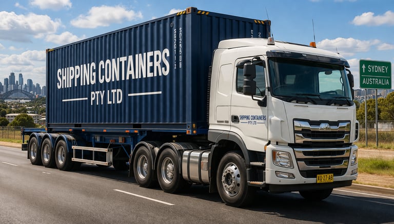A logistics truck transporting a blue shipping container on a Sydney highway with the city skyline in the background.