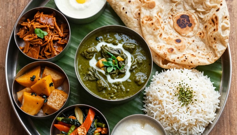 Close-up of a colorful vegetarian tiffin box filled with rice, dal, and vegetable curry.
