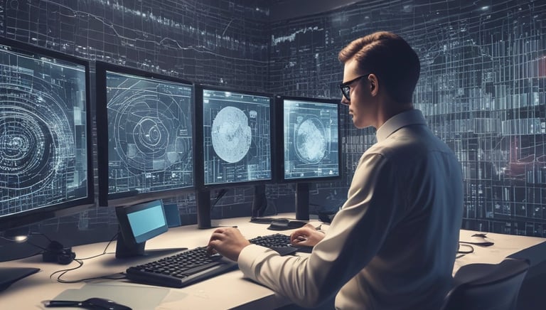 A professional analyzing a digital map with data overlays in a modern office.
