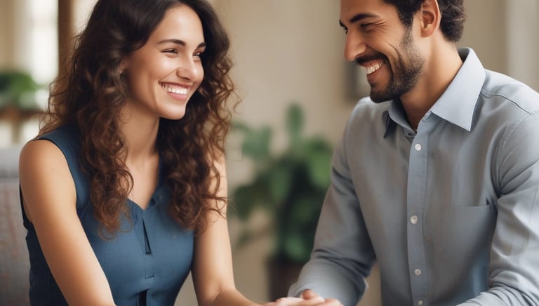 A warm, inviting image of a couple smiling and holding hands during a consultation.