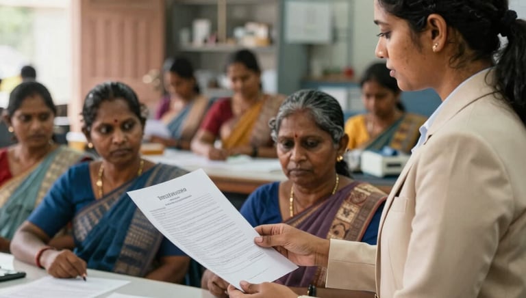 A consultant advising business managers over documents in a bright office setting.