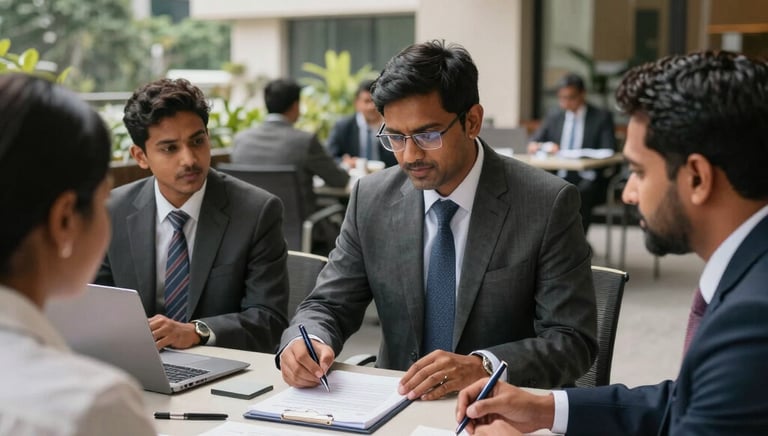 A diverse group of professionals engaged in a lively training session with laptops and notes.