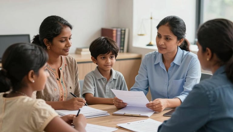 A consultant advising business managers over documents in a bright office setting.