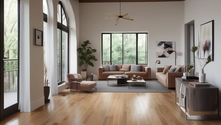 Photo of a skilled builder installing wooden flooring in a modern home interior