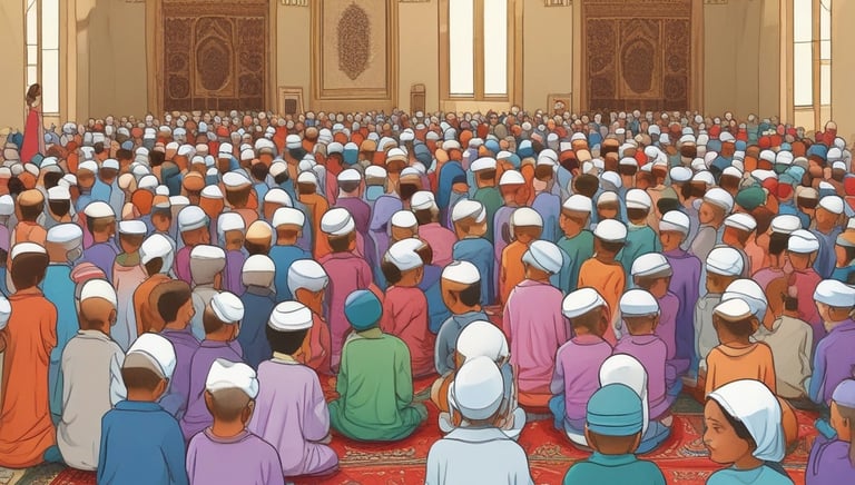 Friendly cartoon showing kids following easy prayer steps with arrows and clear actions in a vibrant setting.