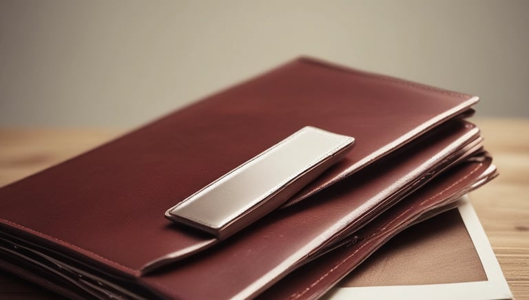 Elegant office setting with legal documents, a golden pen, and a navy blue leather briefcase