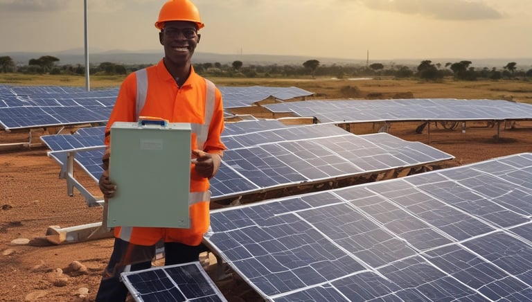 Technicians installing solar panels on a rooftop with desert landscape in the background.