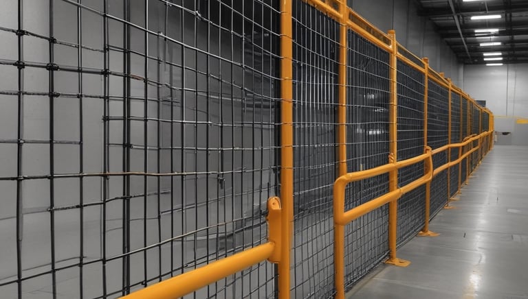 Photo of bright orange guard rails installed along a warehouse aisle protecting pallet racks.