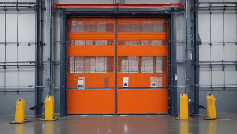 Photo of bright orange guard rails installed along a warehouse aisle protecting pallet racks.