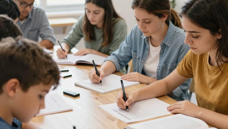 Participants engaged in a creative writing workshop, pens and notebooks in hand, surrounded by inspiring books.