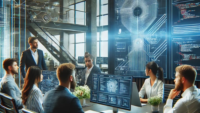 "Equipo de diseñadores y desarrolladores web en Codefy+ trabajando en soluciones innovadoras."