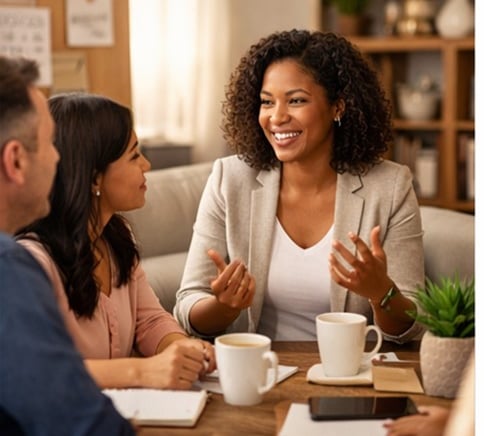 Smiling advisor consulting a couple during an informal business meeting at a home office.