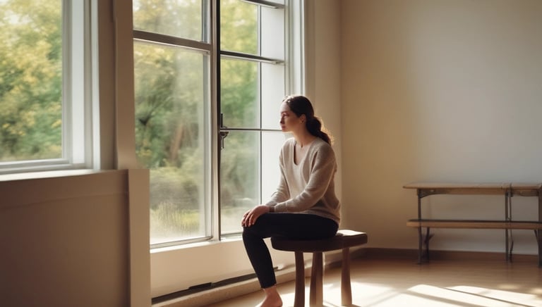 A woman journaling in a peaceful, sunlit space.