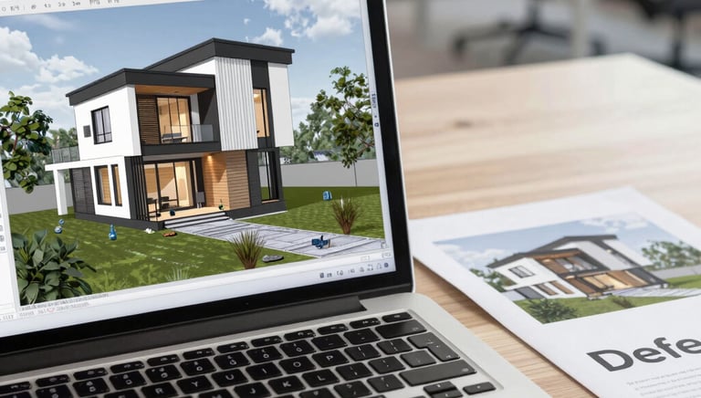 Modern architectural workspace with blueprints and a laptop on a wooden desk.