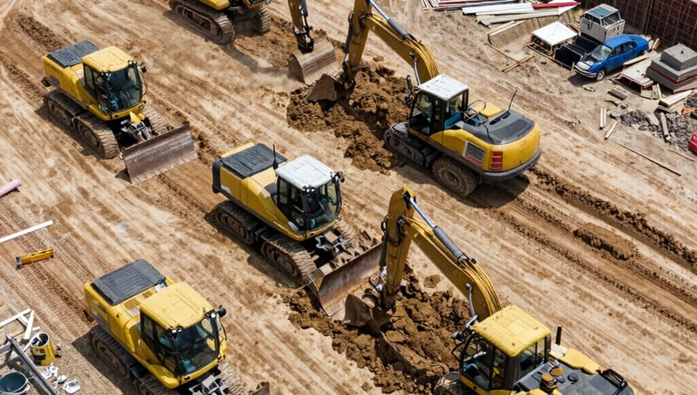 Construction site with heavy machinery moving earth under a cloudy sky.