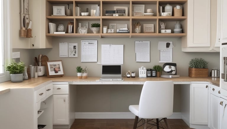 A bright, tidy family command center featuring calendars, checklists, and storage bins.