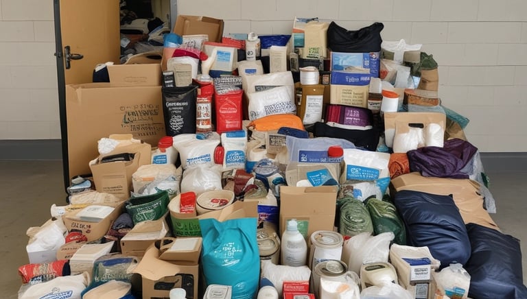 Close-up of hands exchanging a donation box filled with essential supplies at a shelter.