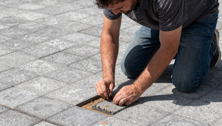 A landscape professional installs decorative stone pavers on a patio walkway.