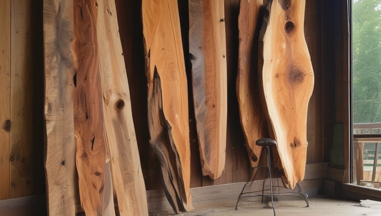 Warm studio shot of various finished wooden artworks displayed on rustic shelves.