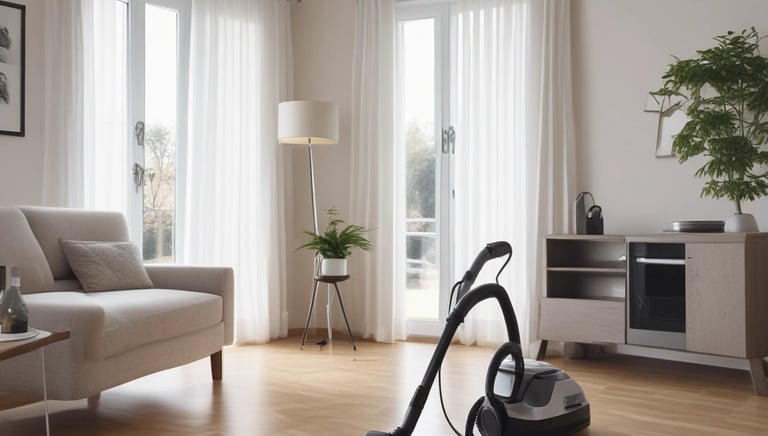 Modern cleaning professional using eco-friendly equipment in a bright lakeside apartment