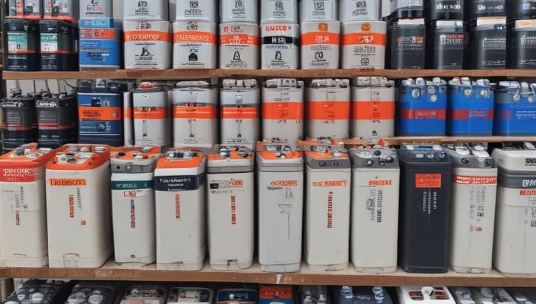 A neatly arranged display of batteries, tyres, and home appliances ready for franchise stock.