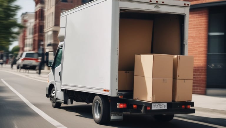 Monochrome image of a driver securing cargo inside a truck trailer.