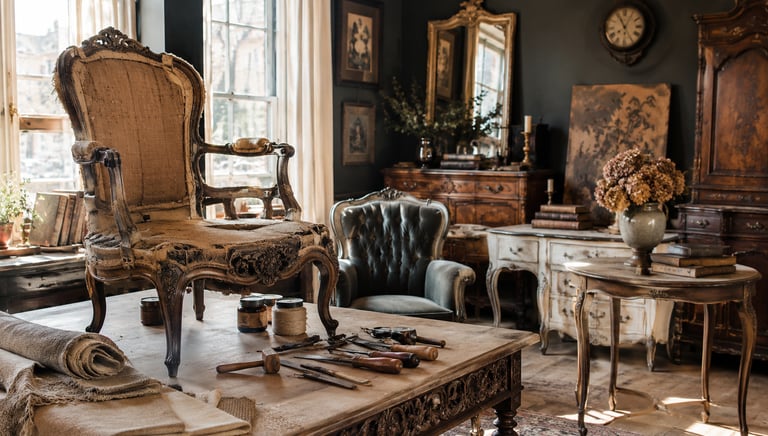Vintage upholstery workshop with antique French chairs, carving tools, and ornate wooden furniture.