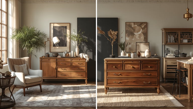 Elegant wooden sideboard and dresser in a sunlit living room with neutral decor and indoor plants.