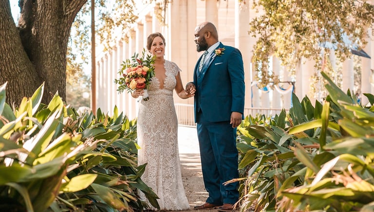 a bride and groom walking down a path in front of a building