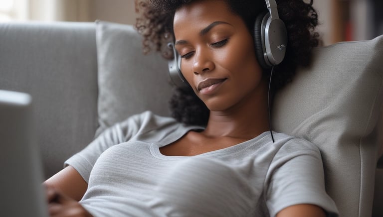 A calm, serene person sitting peacefully with eyes closed, surrounded by soft blue and purple hues.