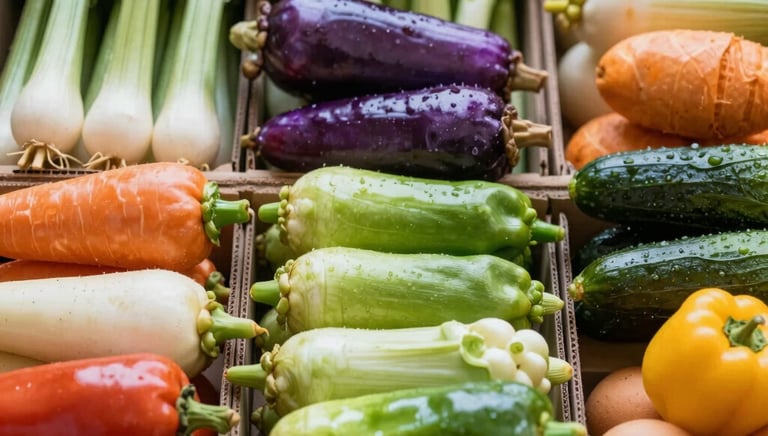 Close-up of a neatly packed box filled with vibrant fresh vegetables and fruits ready for delivery.