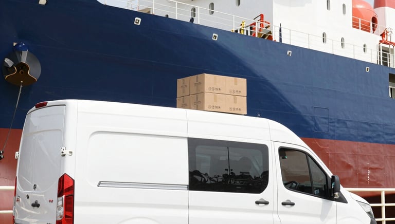 A sleek delivery van parked outside a modern office building with food packages ready.