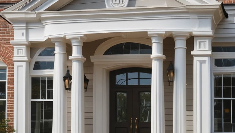 Detailed shot of coated EPS wall mouldings framing windows on a contemporary building.