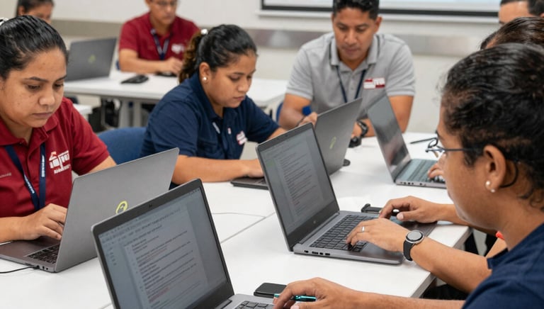 Close-up of educational technology tools and printed resources on a teacher's desk.