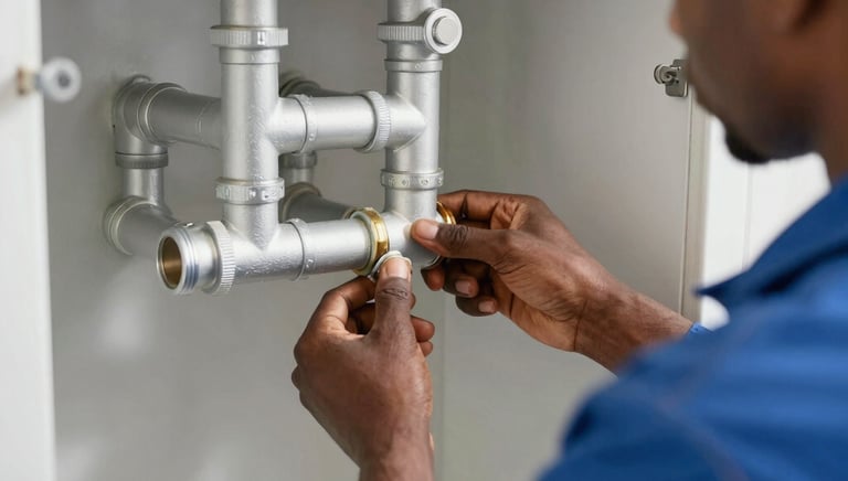 A plumber tightening a pipe under a kitchen sink with tools in hand.
