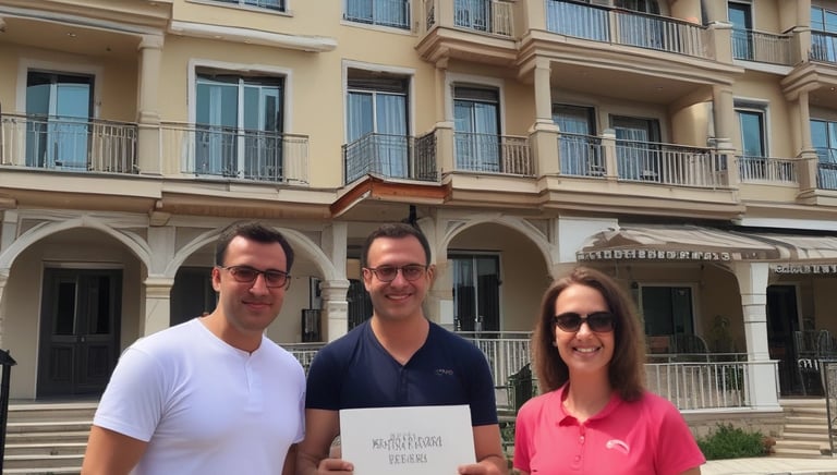 A happy international couple reviewing property listings with a real estate advisor in a modern office.