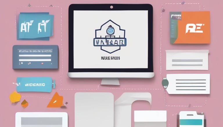 A sleek laptop screen displaying a vibrant, professional website layout with blue and orange accents.