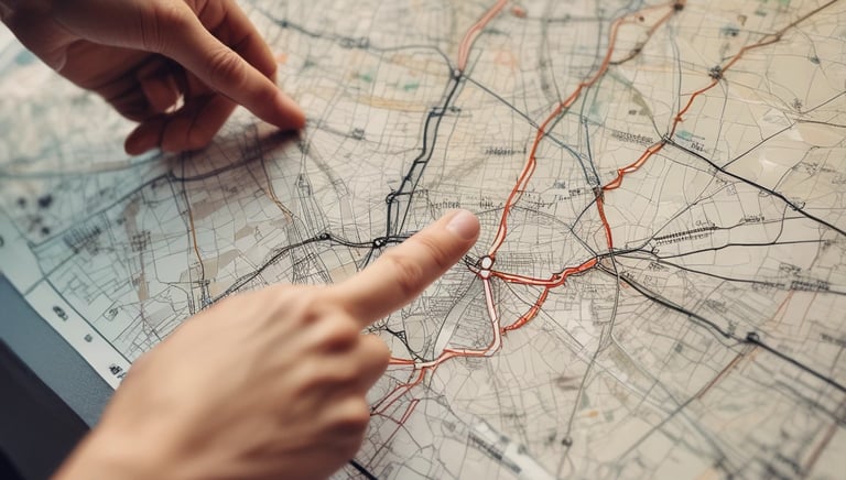 A colorful interactive village map displayed on a modern tablet, highlighting landmarks.