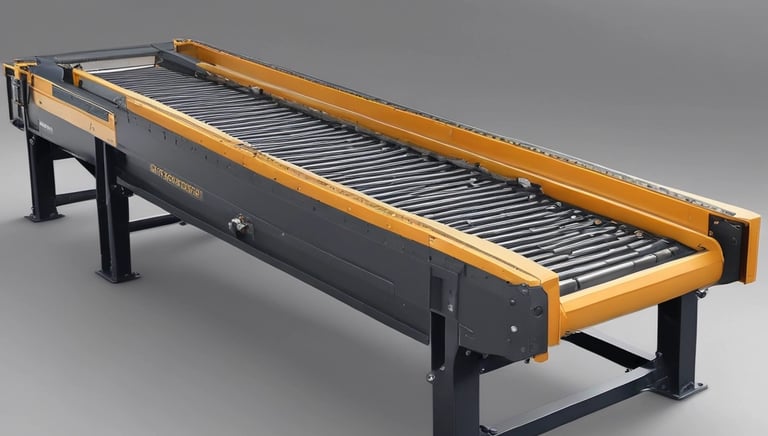 Close-up of a sleek conveyor belt system moving parts in a factory setting.