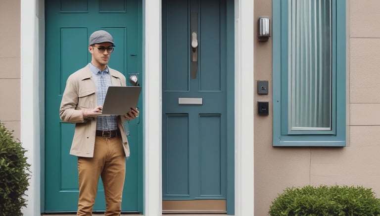 Technician assisting a customer with computer setup in a cozy home office environment.