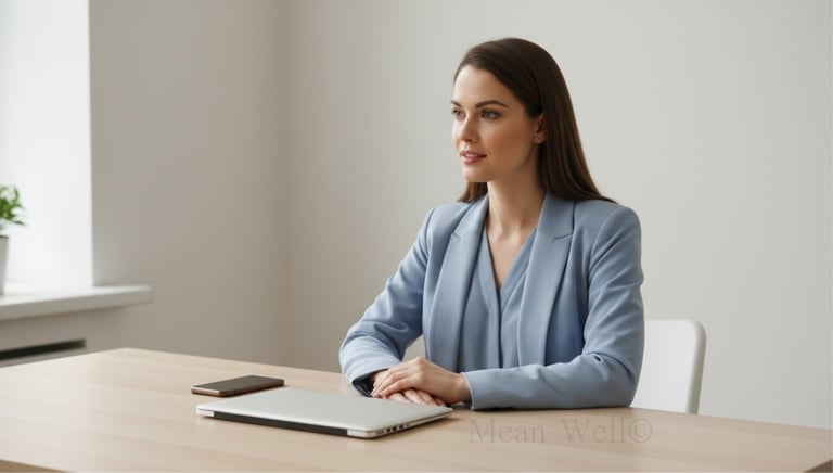 Professional businesswoman in a blue blazer sitting at a desk with a laptop and smartphone.