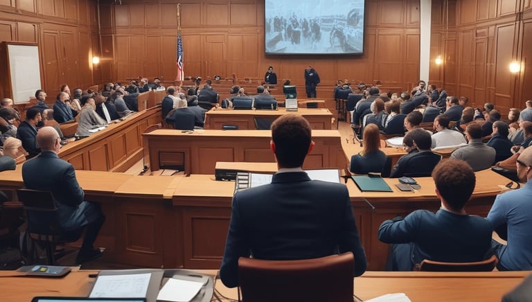 a technician with a laptop in a courtroom showing evidence on a big screen