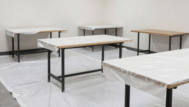 Commercial office space being painted white with professional tools and protective sheets on the floor.