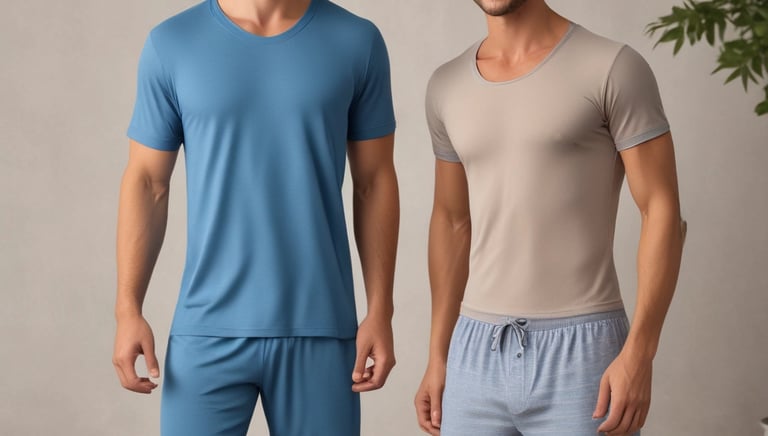 A sleek split-screen image showing men's bamboo sleep boxers in soft green tones.