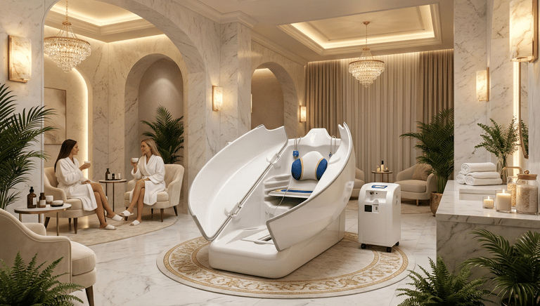 Luxury medical spa interior featuring a modern hyperbaric oxygen chamber and marble wellness lounge.