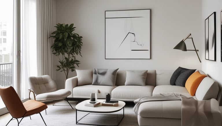 Before and after images of a renovated space blending greenery and warm colors.