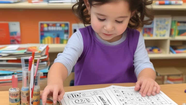 A cheerful tutor helping an elementary-aged child with colorful learning materials.