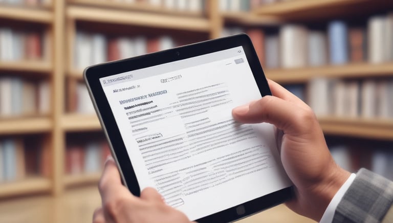 A person reading an e-book on a tablet in a bright, modern setting.